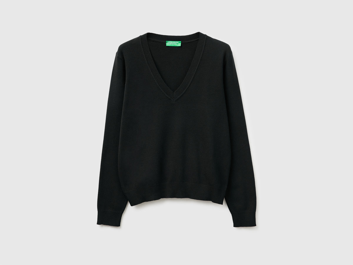 Camisola preta em algodão tricô com decote em V - ucb_image_FS