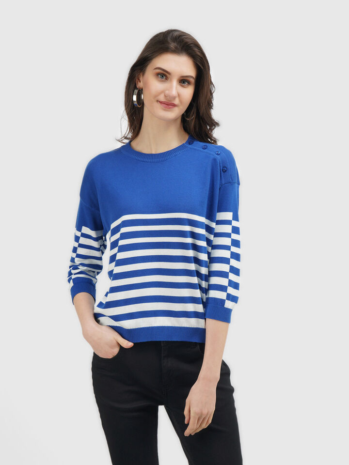 Full Sleeve Stripe Button Shoulder Tricot Top