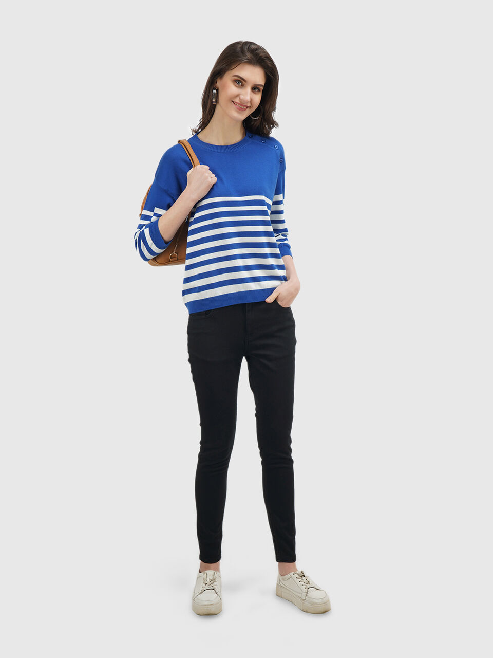 Full Sleeve Stripe Button Shoulder Tricot Top image number null