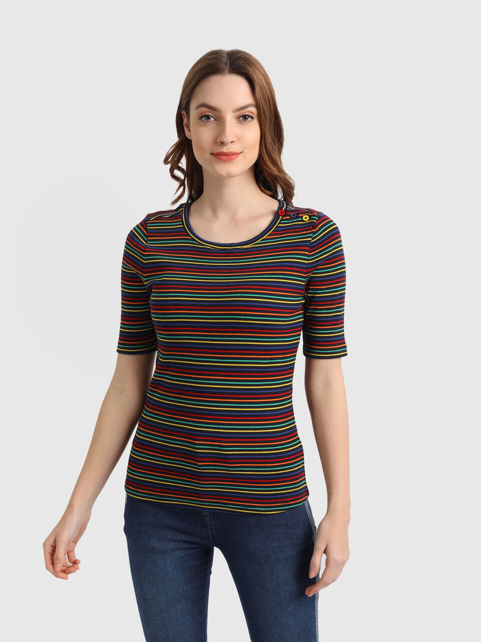 Rib Stripe Top with Shoulder Butin image number null