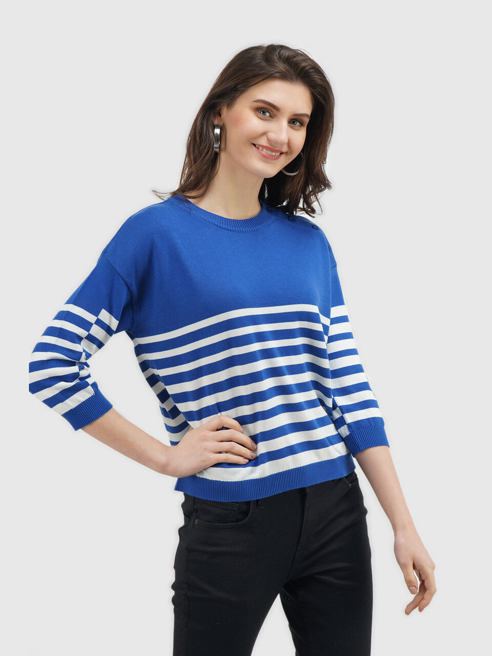 Full Sleeve Stripe Button Shoulder Tricot Top image number null