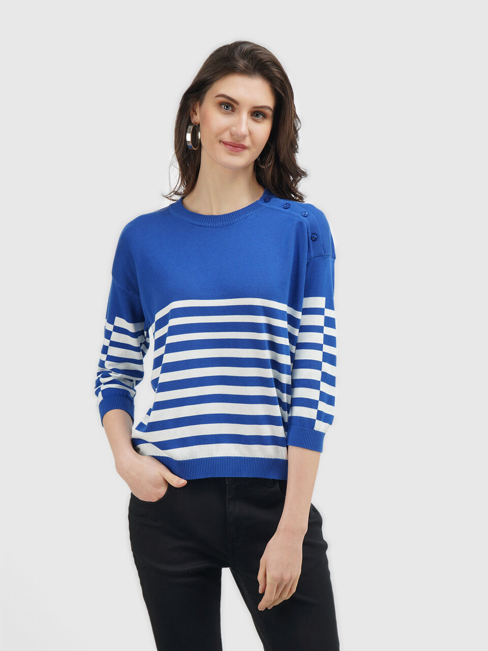 Full Sleeve Stripe Button Shoulder Tricot Top image number null
