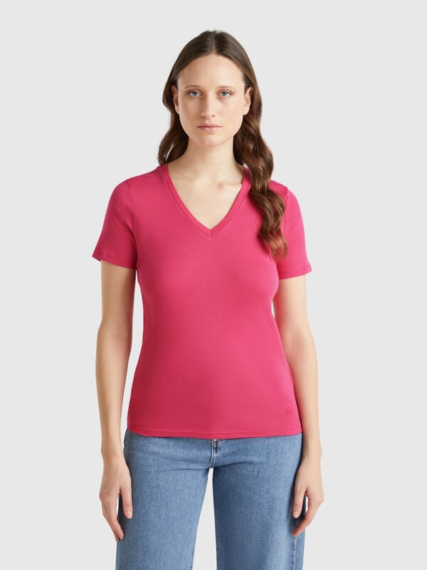 Magenta pure cotton t-shirt with V-neck Women