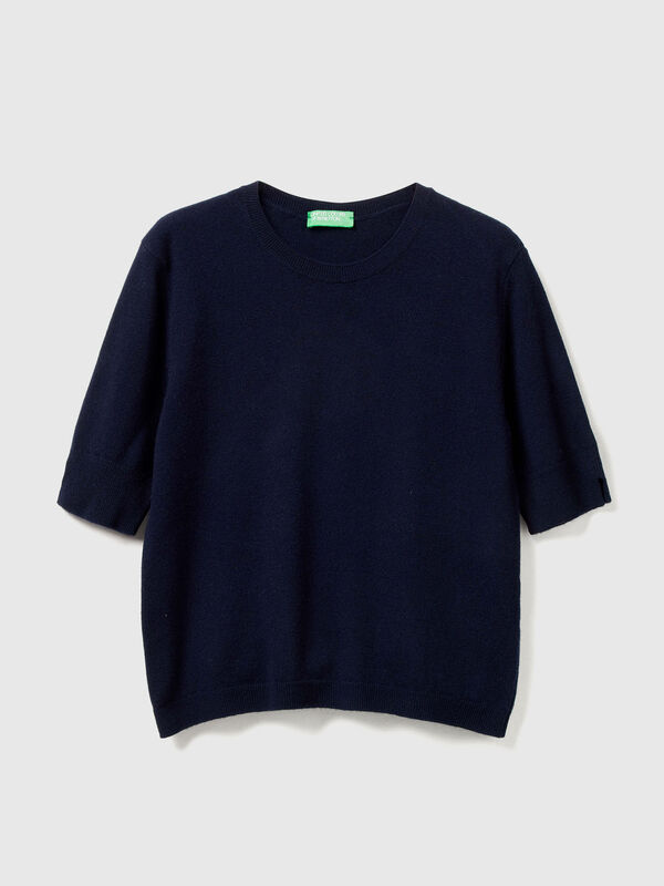 Dark blue short sleeve sweater in pure Merino wool Women