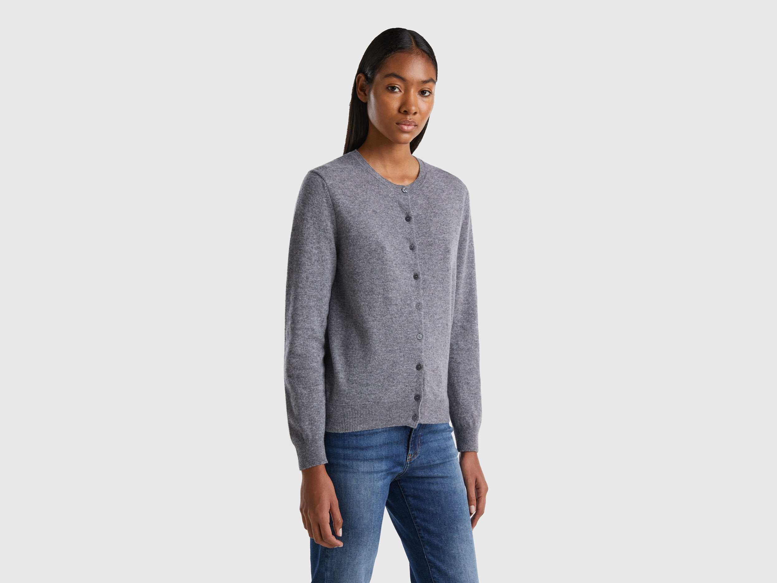 Gray crew neck cardigan in pure Merino wool Gray Benetton
