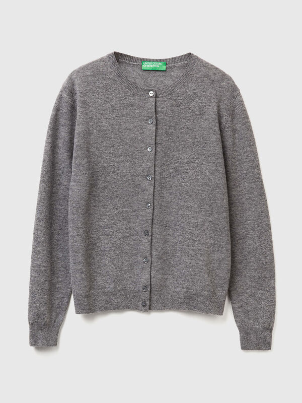 Mouse gray crew neck cardigan in pure Merino wool Women