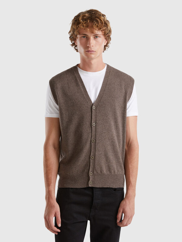 Brown vest in pure Merino wool Men