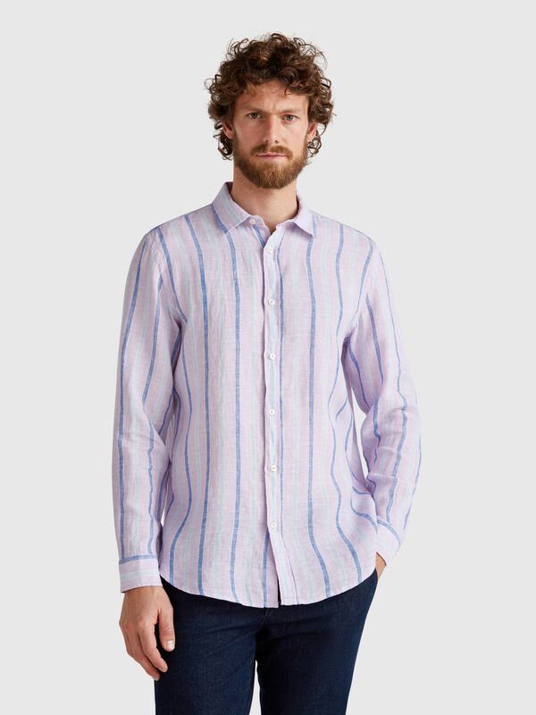Lilac striped shirt in pure linen Men