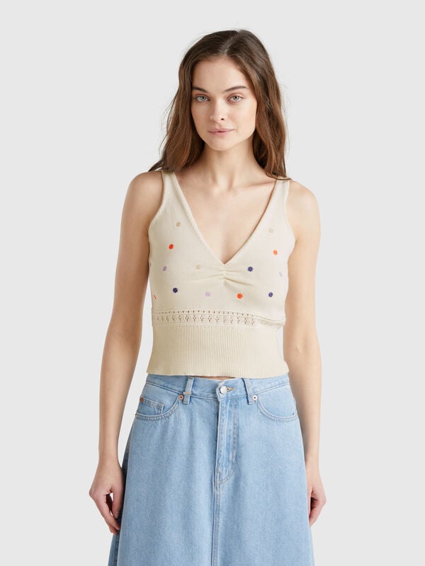 Knit tank top with flower embroidery Women