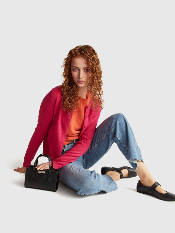 Fuchsia crew neck cardigan in pure Merino wool Women