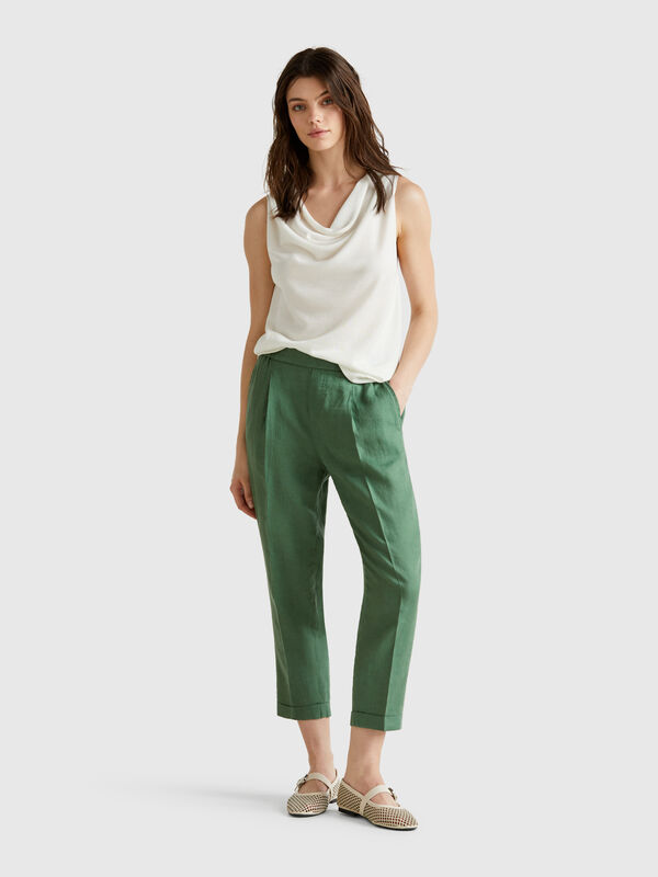 Cropped trousers in 100% linen Women
