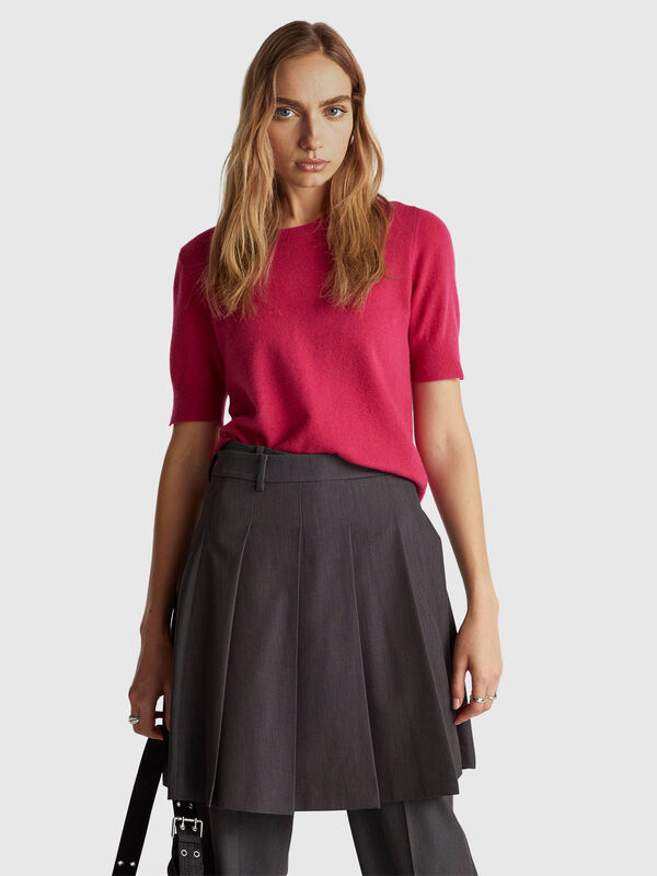 Fuchsia short sleeve sweater in pure Merino wool Women