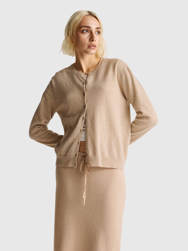 Beige crew neck cardigan in pure Merino wool Women