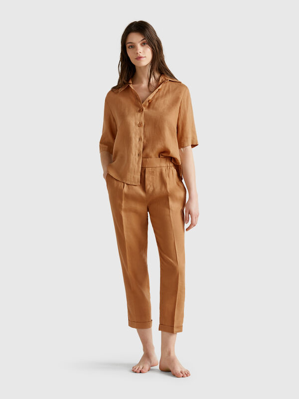 Cropped trousers in 100% linen Women