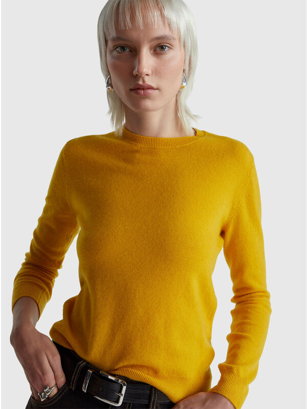 Ocher yellow crew neck sweater in Merino wool Women
