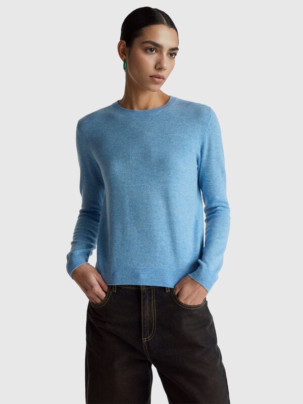 Light blue crew neck sweater in Merino wool Women