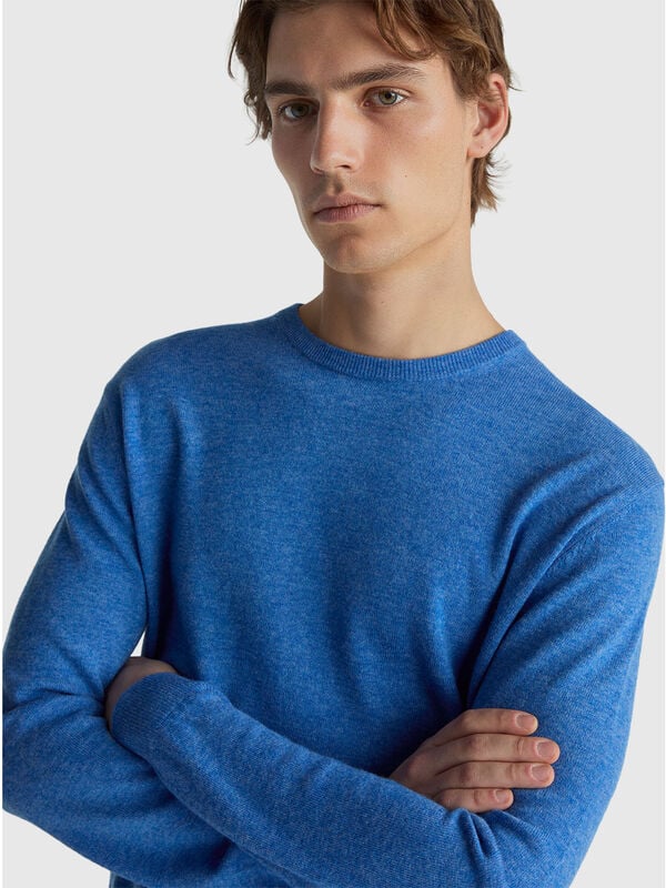 Marl blue crew neck sweater in pure Merino wool Men